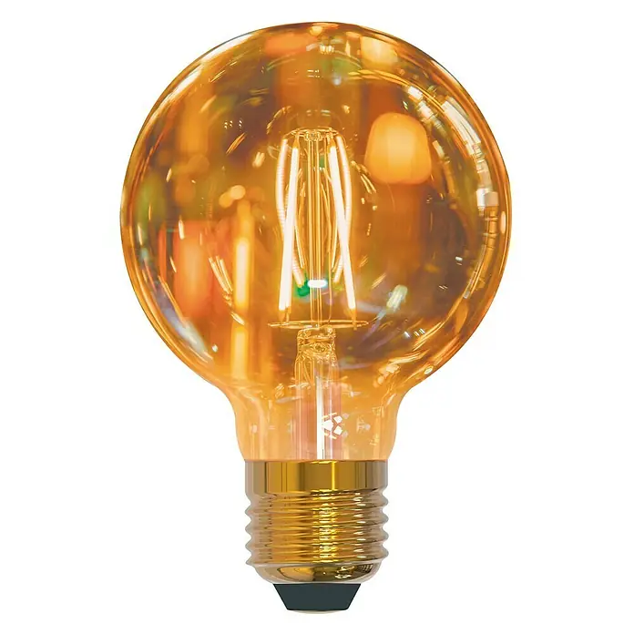 Muvit Bombilla LED inteligente Filamento globo pequeña - E27, Capacidad de atenuación: Intensidad regulable, Ámbar, 470 lm - Bombilla de filamento que emite luz cálida con filamentos visibles para iluminación ambiental. El hilo dorado garantiza una sujeción segura.