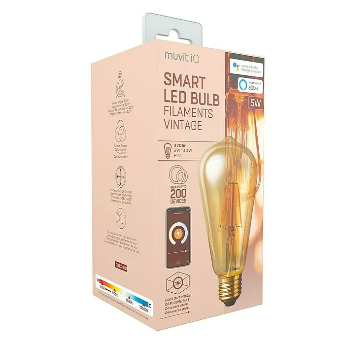 Muvit Bombilla LED inteligente Filamentos Edison - E27, Capacidad de atenuación: Intensidad regulable, Ámbar, 470 lm, 5,5 W - Embalaje de una bombilla LED inteligente Muvit iO con filamentos vintage, 5W, compatible con asistentes de voz.