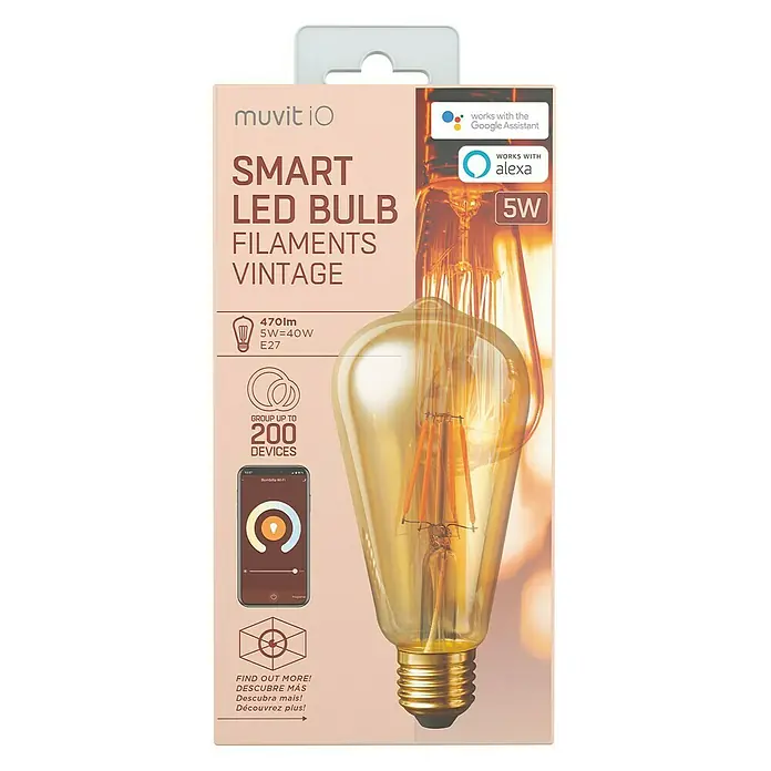 Muvit Bombilla LED inteligente Filamentos Edison - E27, Capacidad de atenuación: Intensidad regulable, Ámbar, 470 lm, 5,5 W - La imagen muestra una bombilla LED inteligente "Muvit iO" de estilo filamento vintage, que funciona con Google Assistant y Alexa, con una potencia de 5W.