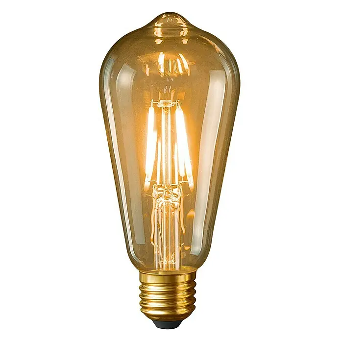 Muvit Bombilla LED inteligente Filamentos Edison - E27, Capacidad de atenuación: Intensidad regulable, Ámbar, 470 lm, 5,5 W - Primer plano de una elegante bombilla Edison con una base dorada y filamentos delicados, que irradia una luz cálida y acogedora.