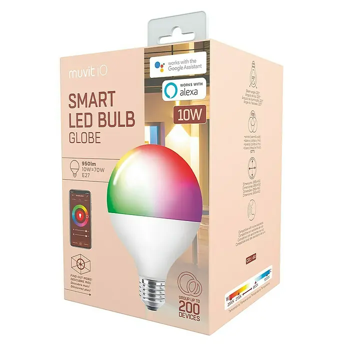 Muvit Bombilla LED inteligente Globo - E27, Capacidad de atenuación: Intensidad regulable, RGBW, 950 lm, 10 W - Embalaje del producto: Bombilla LED inteligente Muvit iO, forma de globo, 10 W, compatible con Google Assistant y Alexa.