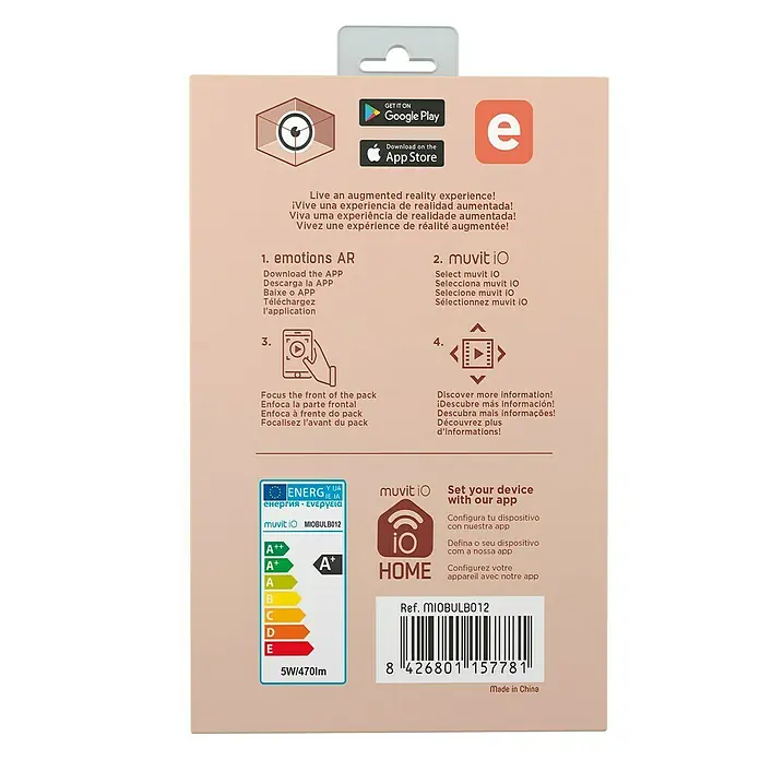 Muvit Bombilla LED inteligente Filamento globo pequeña - E27, Capacidad de atenuación: Intensidad regulable, Ámbar, 470 lm - Embalaje del producto Muvit iO Smart Home con información para descargar la app, clase de eficiencia energética A+ y detalles del producto.
