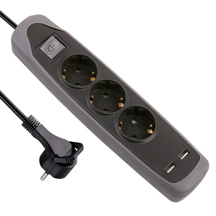 Electraline Base de enchufe múltiple con USB Gummy (Número de enchufes  Schuko: 3 ud., Negro/Gris, Longitud del cable: 2 m)