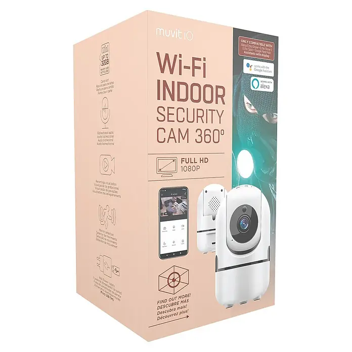 Muvit Cámara de vigilancia WIFI full HD 360 - Blanco, Ángulo de detección: 360 ° - Caja de la cámara de seguridad interior Wi-Fi 360° Muvit IO, compatible con Alexa Echo Show, Google Nest Hub y asistentes con pantalla.