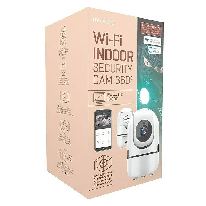 Muvit Cámara de vigilancia WIFI full HD 360 - Blanco, Ángulo de detección: 360 ° - Caja de la cámara de seguridad interior Wi-Fi 360° Muvit IO, compatible con Alexa Echo Show, Google Nest Hub y asistentes con pantalla.