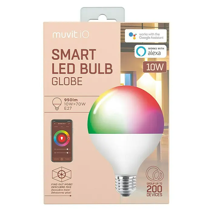 Muvit Bombilla LED inteligente Globo - E27, Capacidad de atenuación: Intensidad regulable, RGBW, 950 lm, 10 W - Bombilla LED inteligente GLOBE de muvit iO, compatible con Google Assistant y Alexa, 10 W, 950 lm, 10 W = 70 W, E27.