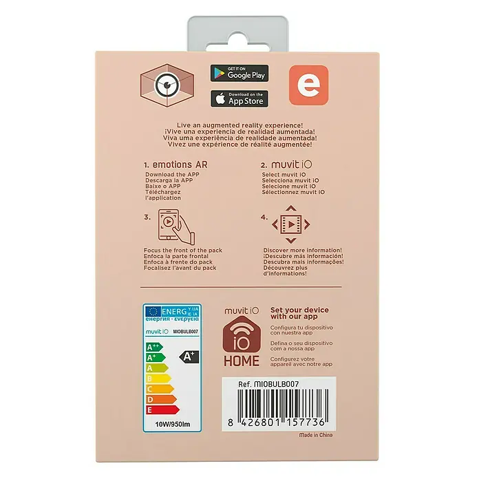 Muvit Bombilla LED inteligente Globo - E27, Capacidad de atenuación: Intensidad regulable, RGBW, 950 lm, 10 W - Parte posterior del embalaje de la bombilla muvit iO, que detalla las instrucciones para usar la aplicación de realidad aumentada.