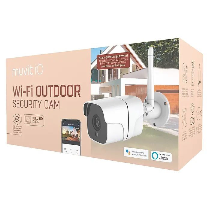 Muvit Cámara de vigilancia WIFI full HD 1080P Exterior - Blanco, Ángulo de detección: 180 ° - Imagen del embalaje de una cámara de seguridad exterior Wi-Fi Muvit iO, compatible con Alexa y Google Assistant.