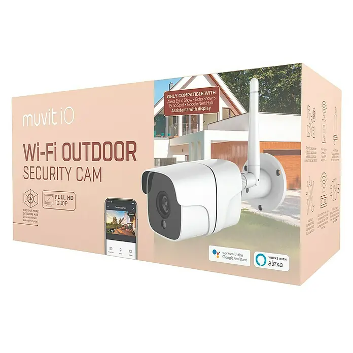 Muvit Cámara de vigilancia WIFI full HD 1080P Exterior - Blanco, Ángulo de detección: 180 ° - Imagen del embalaje de una cámara de seguridad exterior Wi-Fi Muvit iO, compatible con Alexa y Google Assistant.