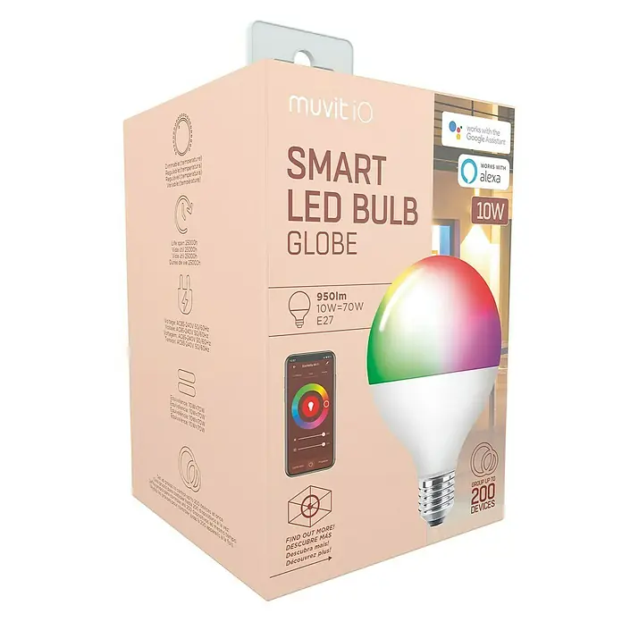 Muvit Bombilla LED inteligente Globo - E27, Capacidad de atenuación: Intensidad regulable, RGBW, 950 lm, 10 W - Imagen de una bombilla Muvit iO Smart LED Globe, que funciona con Google Assistant y Alexa, y puede agrupar hasta 200 dispositivos.