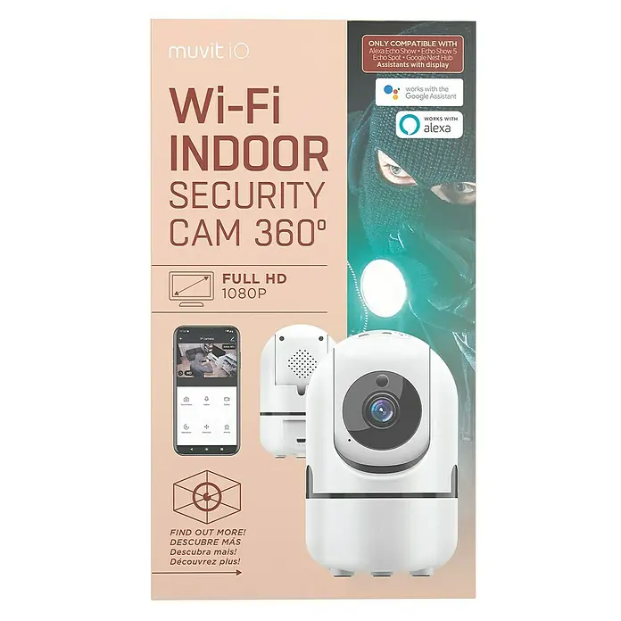 Muvit Cámara de vigilancia WIFI full HD 360 - Blanco, Ángulo de detección: 360 ° - Imagen de la cámara de seguridad interior Muvit iO Wi-Fi 360°, compatible con Alexa y Google Assistant.