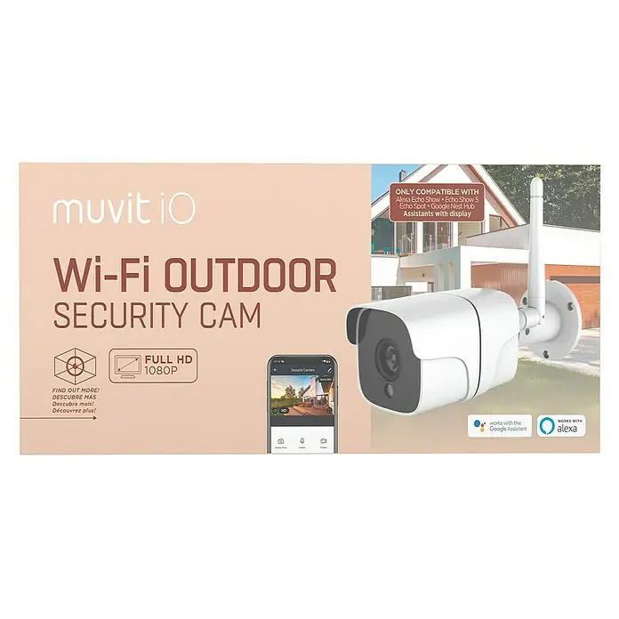 Muvit Cámara de vigilancia WIFI full HD 1080P Exterior - Blanco, Ángulo de detección: 180 ° - Imagen del producto de una cámara de seguridad exterior Wi-Fi Muvit iO blanca con Full HD 1080P, compatible con Alexa y Google Assistant.