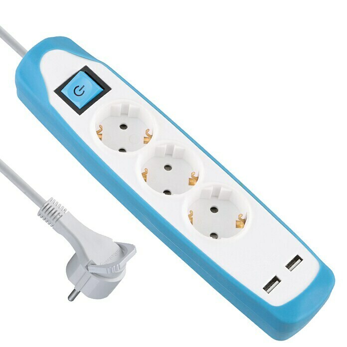 Electraline Base de enchufe múltiple con USB Gummy (Número de enchufes Schuko: 3, Blanco/Azul, 2 m)