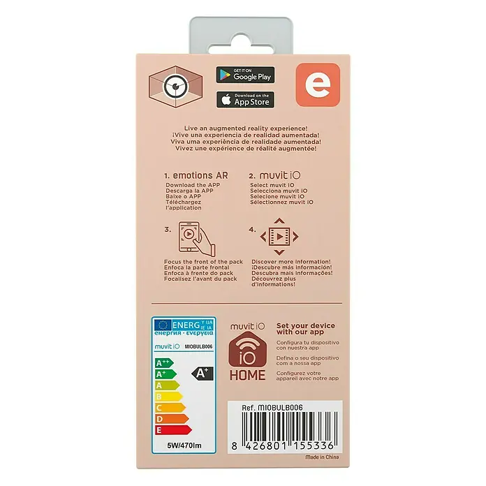 Muvit Bombilla LED inteligente Vela - E14, Capacidad de atenuación: Intensidad regulable, RGBW, 470 lm, 5 W - Embalaje del producto con instrucciones para usar la aplicación de realidad aumentada y etiqueta de eficiencia energética A+.