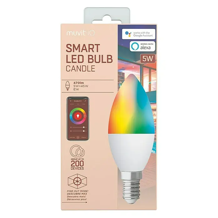Muvit Bombilla LED inteligente Vela - E14, Capacidad de atenuación: Intensidad regulable, RGBW, 470 lm, 5 W - Embalaje de una bombilla LED inteligente Muvit iO que funciona con Google Assistant y Alexa.