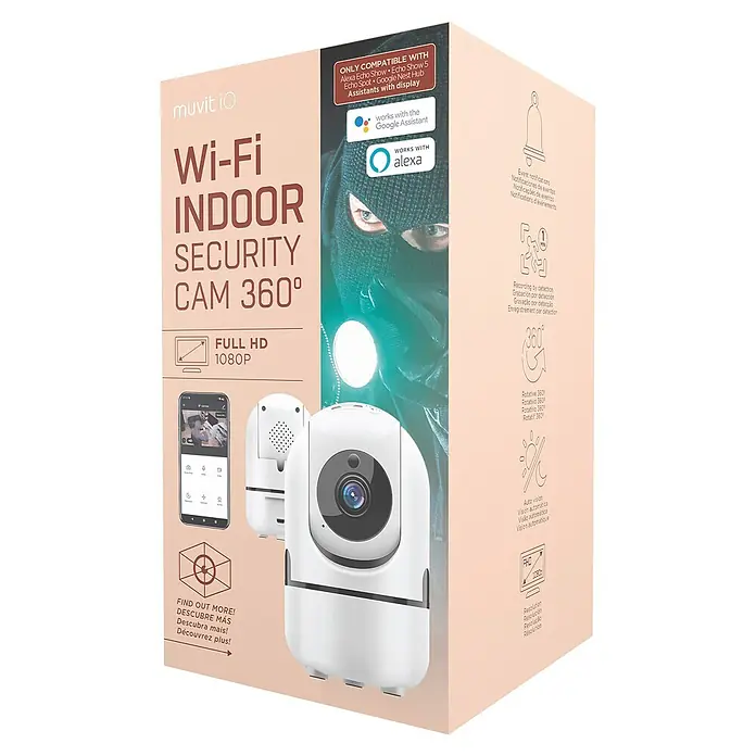 Muvit Cámara de vigilancia WIFI full HD 360 - Blanco, Ángulo de detección: 360 ° - Cámara de seguridad interior Wi-Fi 360° con resolución Full HD 1080P para una vigilancia integral. Compatible con Alexa y Google Assistant.
