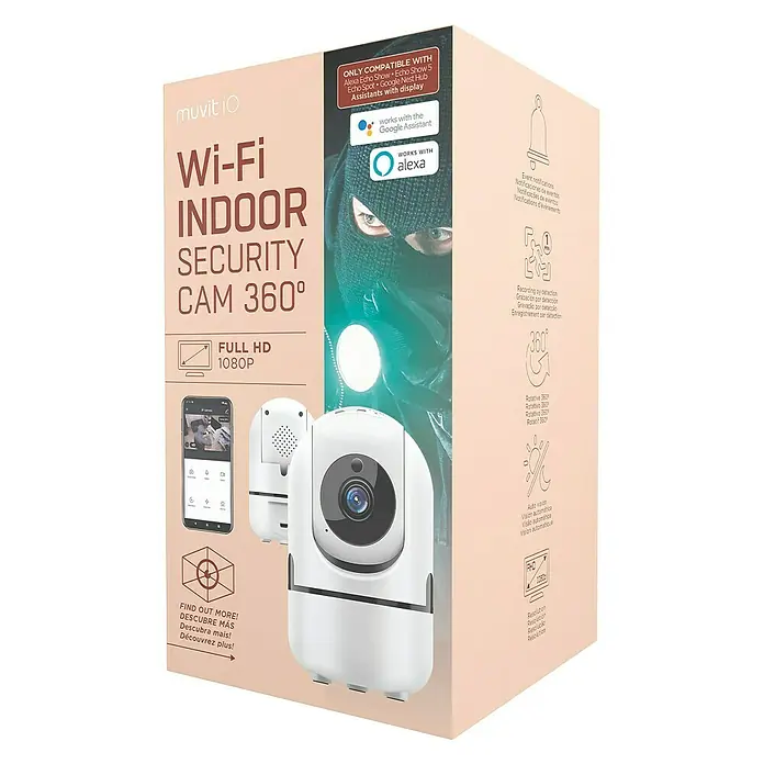 Muvit Cámara de vigilancia WIFI full HD 360 - Blanco, Ángulo de detección: 360 ° - Cámara de seguridad interior Wi-Fi 360° con resolución Full HD 1080P para una vigilancia integral. Compatible con Alexa y Google Assistant.