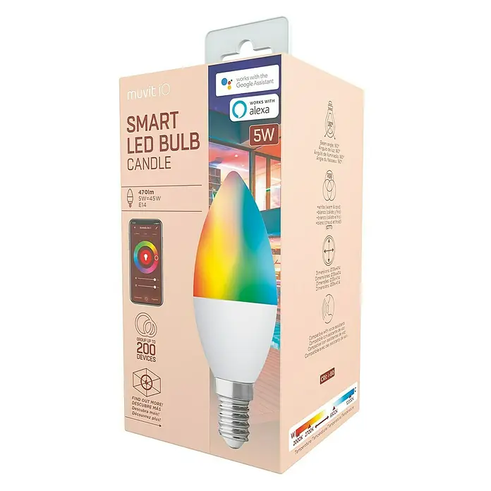 Muvit Bombilla LED inteligente Vela - E14, Capacidad de atenuación: Intensidad regulable, RGBW, 470 lm, 5 W - La imagen muestra el embalaje de una bombilla LED inteligente Muvit iO con forma de vela, compatible con Google Assistant y Alexa.