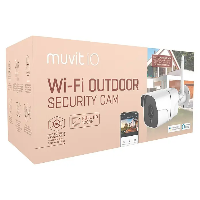 Muvit Cámara de vigilancia WIFI full HD 1080P Exterior - Blanco, Ángulo de detección: 180 ° - Embalaje de la cámara de seguridad exterior Wi-Fi Muvit io con Full HD 1080P, compatible con Alexa y Google Assistant.