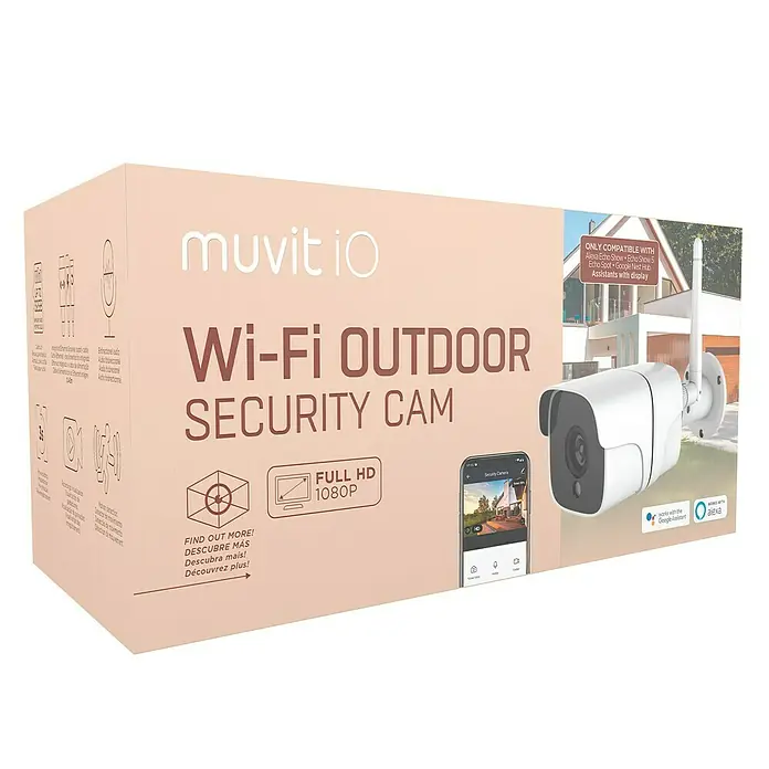 Muvit Cámara de vigilancia WIFI full HD 1080P Exterior - Blanco, Ángulo de detección: 180 ° - Embalaje de la cámara de seguridad exterior Wi-Fi Muvit io con Full HD 1080P, compatible con Alexa y Google Assistant.