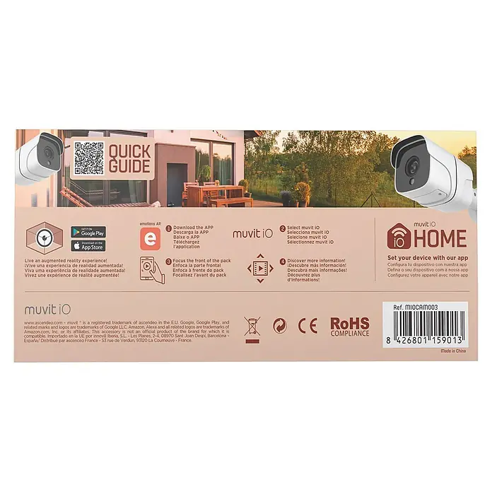 Muvit Cámara de vigilancia WIFI full HD 1080P Exterior - Blanco, Ángulo de detección: 180 ° - Embalaje de la cámara de seguridad Muvit IO que muestra las características del producto y las instrucciones de descarga de la aplicación.