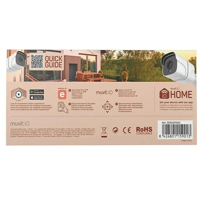 Muvit Cámara de vigilancia WIFI full HD 1080P Exterior - Blanco, Ángulo de detección: 180 ° - Embalaje de la cámara de seguridad Muvit IO que muestra las características del producto y las instrucciones de descarga de la aplicación.