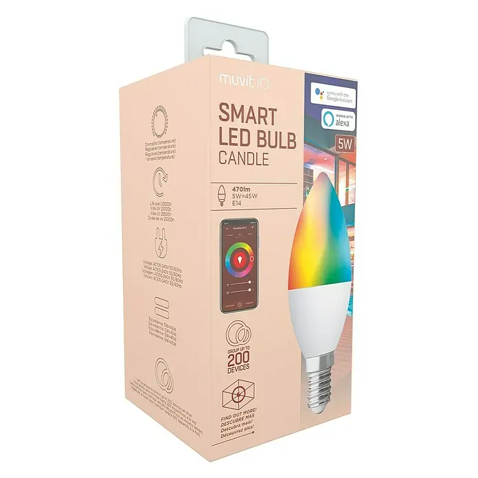 Muvit Bombilla LED inteligente Vela - E14, Capacidad de atenuación: Intensidad regulable, RGBW, 470 lm, 5 W - Embalaje del producto de una bombilla LED inteligente Muvit io en forma de vela, compatible con Google Assistant y Alexa.
