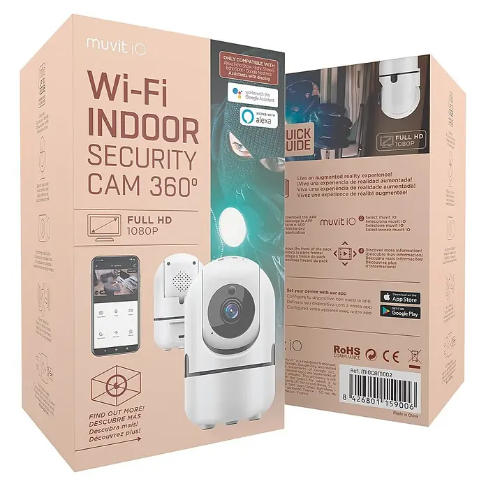Muvit Cámara de vigilancia WIFI full HD 360 - Blanco, Ángulo de detección: 360 ° - Paquete del producto para la cámara de seguridad interior Wi-Fi Muvit IO 360° con detalles de las características y funciones.