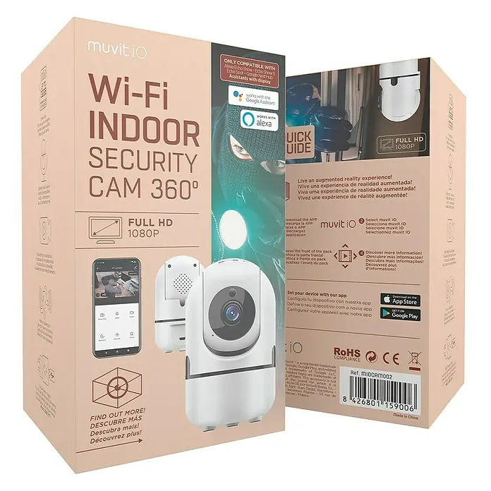 Muvit Cámara de vigilancia WIFI full HD 360 - Blanco, Ángulo de detección: 360 ° - Paquete del producto para la cámara de seguridad interior Wi-Fi Muvit IO 360° con detalles de las características y funciones.