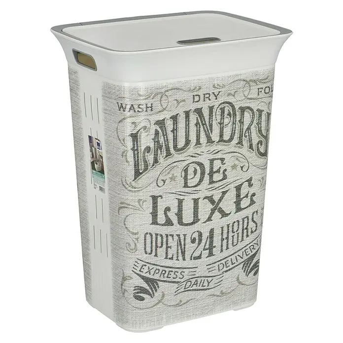 KIS Chic Wäschesammler Laundry Bag - 35 x 44 x 61 cm, Grau - Wäschekorb mit Deckel im Vintage-Stil. Der Korb ist mit dem Schriftzug "Laundry de Luxe" bedruckt und bietet eine stilvolle Aufbewahrung für Schmutzwäsche.