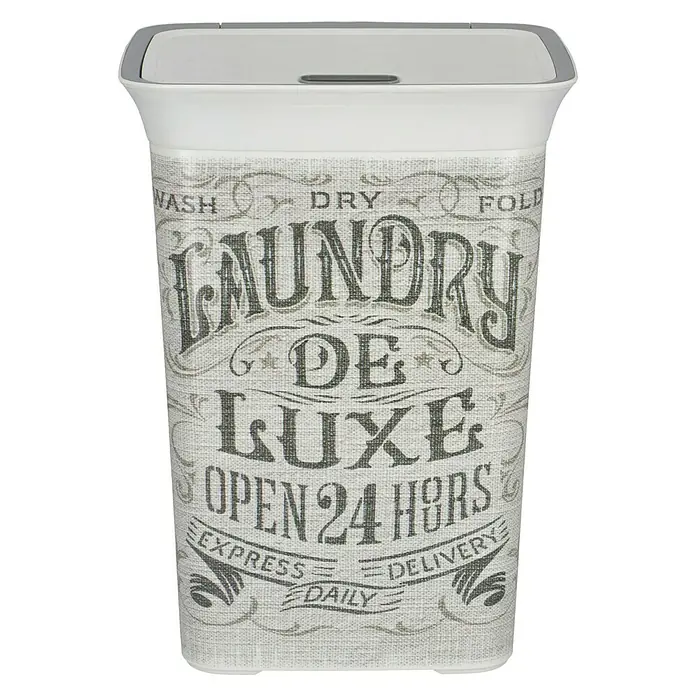 KIS Chic Wäschesammler Laundry Bag - 35 x 44 x 61 cm, Grau - Wäschekorb mit Aufschrift "Laundry de Luxe Open 24 Hours". Praktischer Korb für die Wäscheaufbewahrung mit dekorativem Design.
