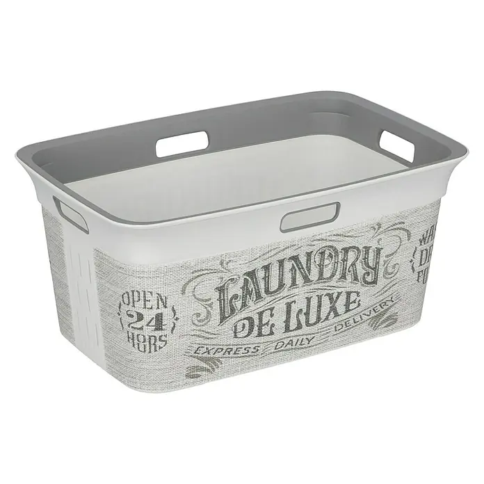 KIS Chic Wäschekorb Laundry Bag - 39 x 59 x 27 cm, 45 l - Grauer und weißer Wäschekorb mit Aufschrift "Laundry de Luxe". Praktischer und stilvoller Wäschekorb für den täglichen Gebrauch.