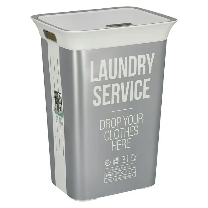 KIS Chic Wäschebox - L x B x H: 44 x 35 x 61 cm, Grau/Weiß - Bild eines Wäschebehälters mit der Aufschrift „Laundry Service“, der zum Ablegen von Kleidung auffordert und für hochwertige Reinigung wirbt.