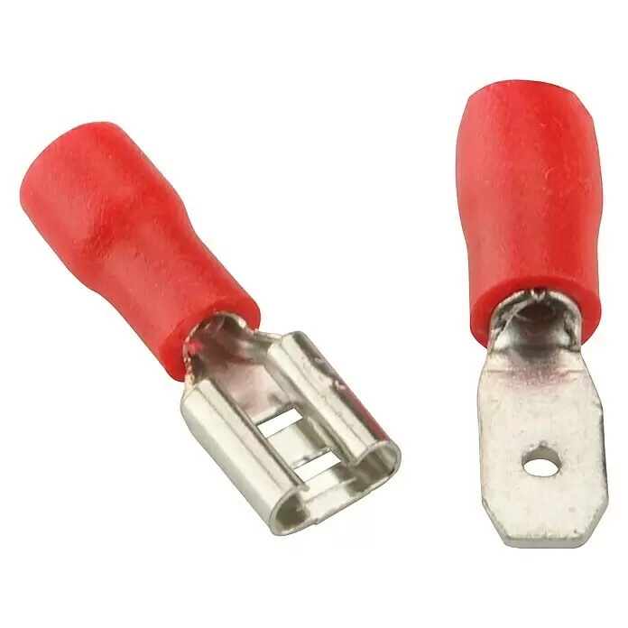 Voltomat Flachsteckhülsen - 4,8 mm, Querschnitt: 0,5 mm² - 1,5 mm², 10 x Flachstecker, 10 x Flachsteckhülsen, Rot - Detailaufnahme