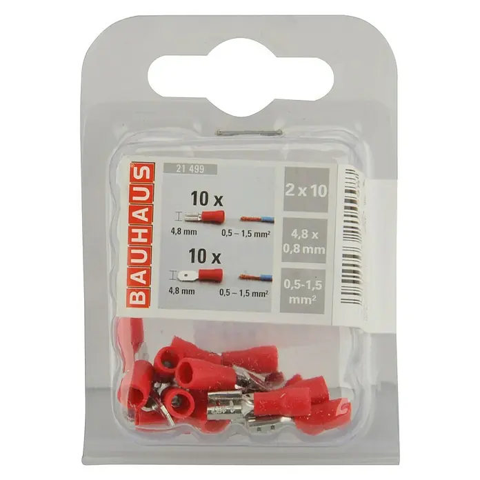 Voltomat Flachsteckhülsen - 4,8 mm, Querschnitt: 0,5 mm² - 1,5 mm², 10 x Flachstecker, 10 x Flachsteckhülsen, Rot - Eine Packung mit 20 roten Aderendhülsen von Bauhaus, geeignet für Kabel mit einem Querschnitt von 0,5-1,5 mm².