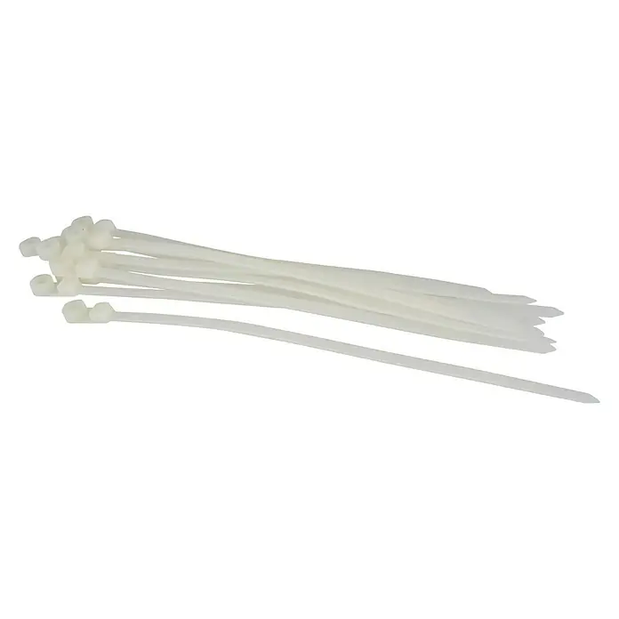 Voltomat Kabelbinder Anschraubbar - Weiß, 200 x 4,8 mm, 10 Stk. - Ein Bündel weißer Kabelbinder, die sich ideal zum Organisieren von Kabeln oder zum temporären Befestigen von Gegenständen eignen.