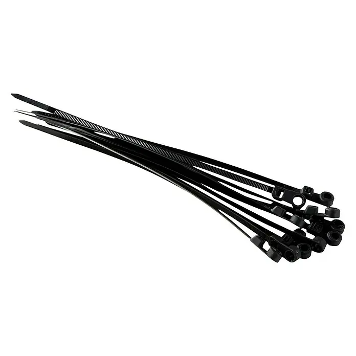 Voltomat Kabelbinder Anschraubbar - Schwarz, 200 x 4,8 mm, 10 Stk. - Ein Bündel schwarzer Kabelbinder, ideal zum Organisieren von Kabeln und für allgemeine Befestigungsaufgaben.