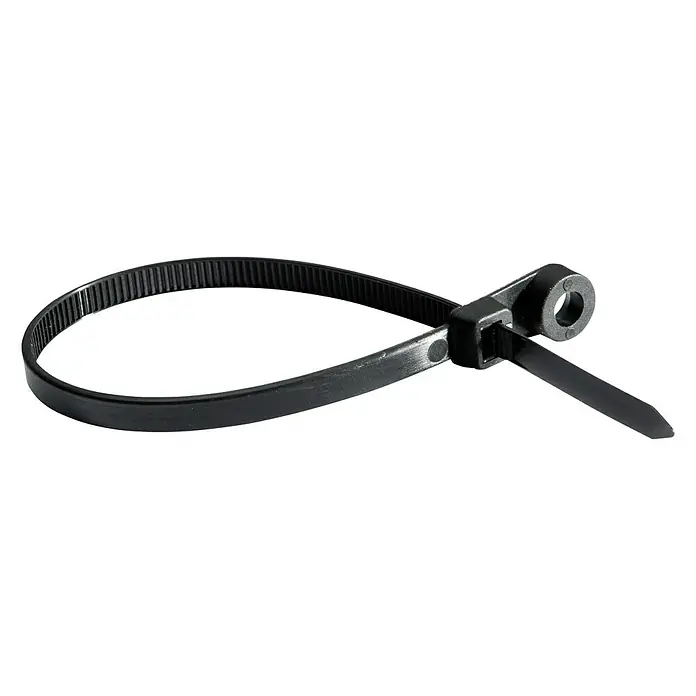 Voltomat Kabelbinder Anschraubbar - Schwarz, 200 x 4,8 mm, 10 Stk. - Nahaufnahme eines schwarzen Kabelbinders mit einem abgerundeten Band und einem Verschlusskopf, isoliert auf einem schwarzen Hintergrund.
