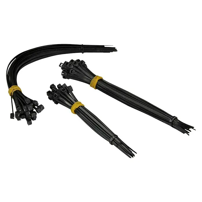 Voltomat Kabelbinder-Set - 75 Stk., Schwarz, 2,5 mm - Bündel schwarzer Kabelbinder, die mit gelben Gummibändern zusammengehalten werden, isoliert auf schwarzem Hintergrund.