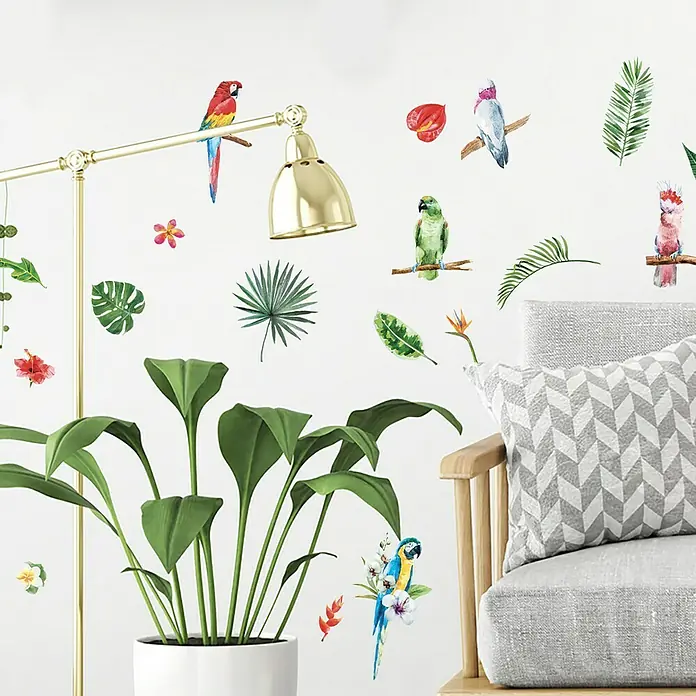 Vinilo de pared - 21 x 29,7 cm, Natural, Multicolor, Plástico - Adhesivos de pared tropicales con loros y hojas. Decora tu hogar con estas pegatinas coloridas y vibrantes.