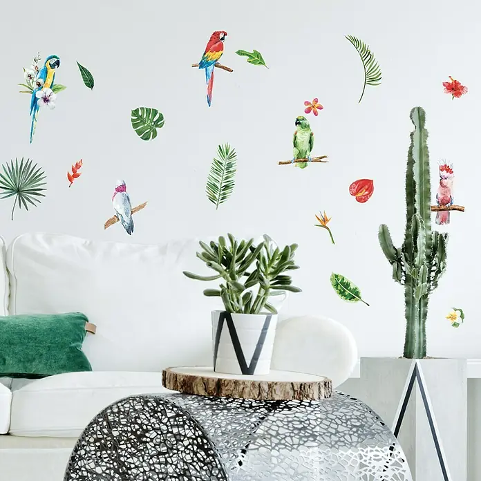 Vinilo de pared - 21 x 29,7 cm, Natural, Multicolor, Plástico - Adhesivos de pared de plantas y aves tropicales, que aportan un ambiente vibrante y exótico a cualquier habitación. Los adhesivos son fáciles de aplicar.
