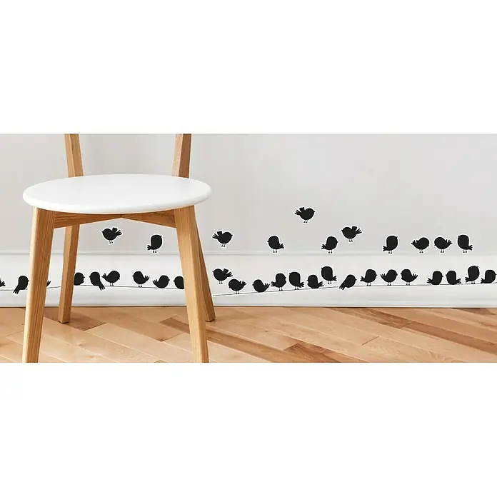 Vinilo de pared - 21 x 29,7 cm, Negro, Plástico - Decoración de pared con motivos de pájaros negros sentados en una línea, añade un toque divertido a la habitación. Look moderno de vivero.