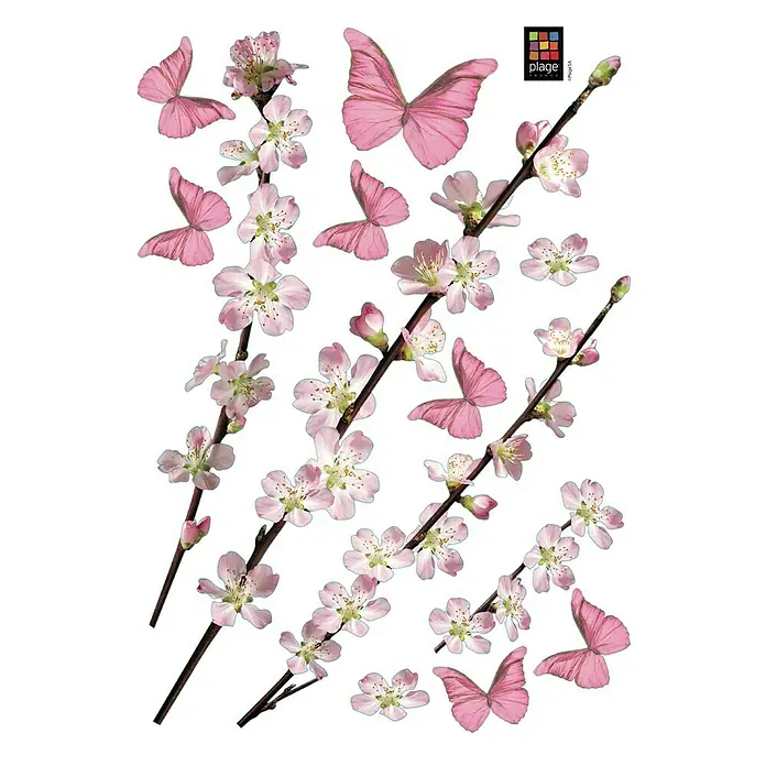 Adhesivos decorativos - Rama de manzano en flor, 0,5 x 21 cm, Multicolor - Adhesivo de pared con ramas de cerezo en flor y mariposas rosas. Este diseño aporta un toque fresco y primaveral a cualquier estancia.