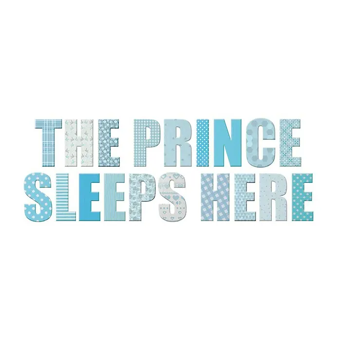 Vinilo de pared - Azul, Plástico - Letras decorativas azules "The Prince Sleeps Here" para una habitación infantil o baby shower.