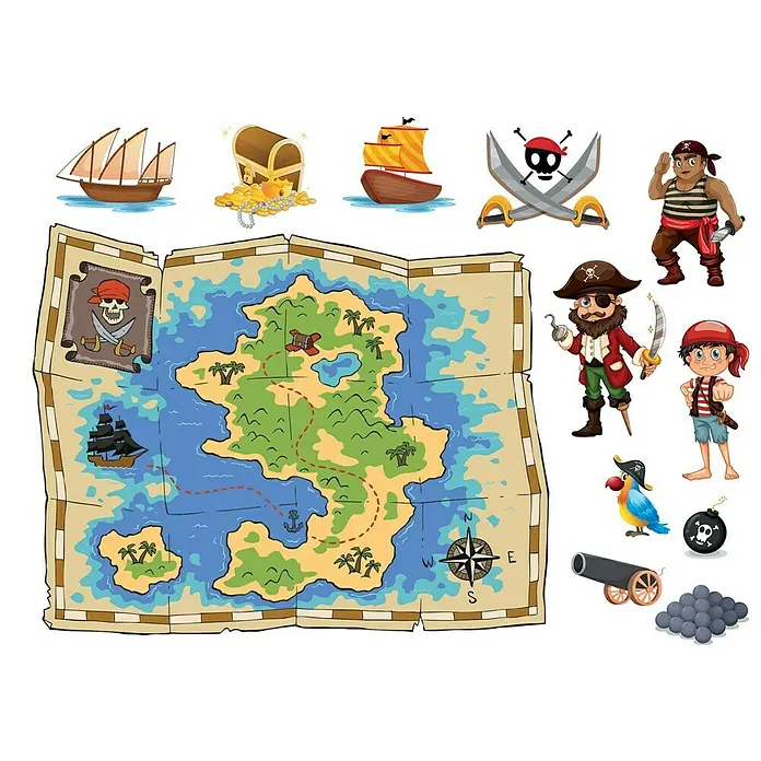 Vinilo de pared - Multicolor, Plástico - Ilustración de piratas colorida con un mapa del tesoro, barcos, figuras de piratas y un cañón con balas de cañón para cuentos infantiles.