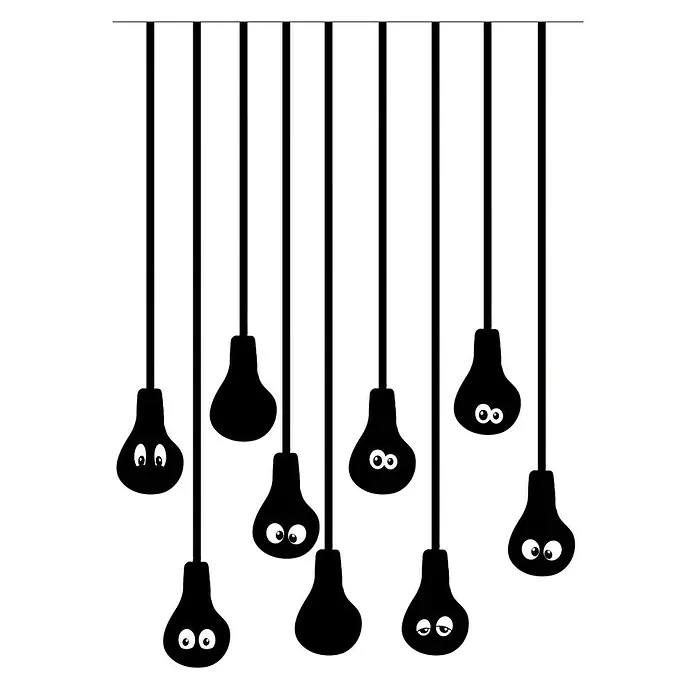 Vinilo de pared - 48 x 68 cm, Negro, Plástico - Bombillas de dibujos animados negras con ojos expresivos colgando de cuerdas negras sobre un fondo blanco. Diseño de iluminación único.