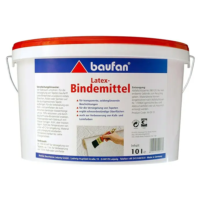 Baufan Latex-Bindemittel - Farblos, 10 l - Produktbild von Baufan Latex-Bindemittel, einem transparenten, seidenglänzenden Beschichtungsmittel in einem weißen Eimer mit rotem Deckel.