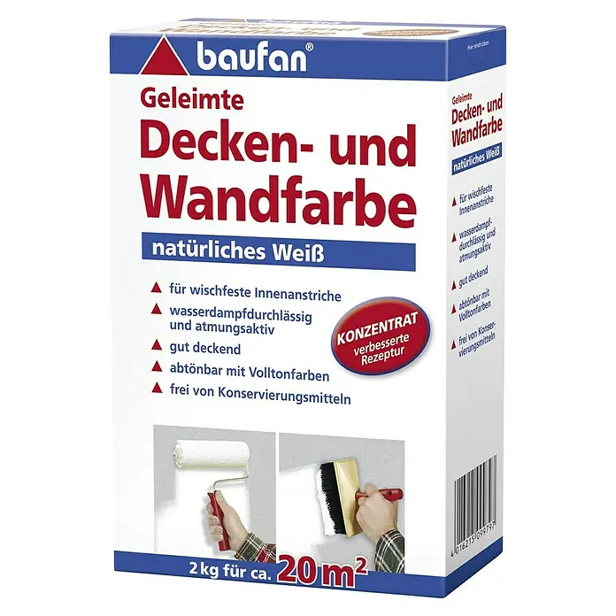 Baufan Wandfarbe Geleimte Decken- und Wandfarbe - Natürliches Weiß, 3 kg, Matt - Karton Decken- und Wandfarbe von baufan in natürlichem Weiß, geeignet für Innenanstriche, atmungsaktiv, gut deckend und abtönbar.
