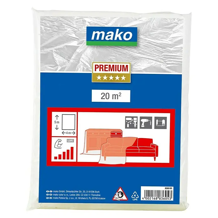 Mako Abdeckfolie Premium - L x B: 5 x 4 m, 20 m² - Abdeckfolie von Mako, Premium-Qualität, 20 m², ideal zum Schutz von Möbeln und Böden bei Renovierungsarbeiten.