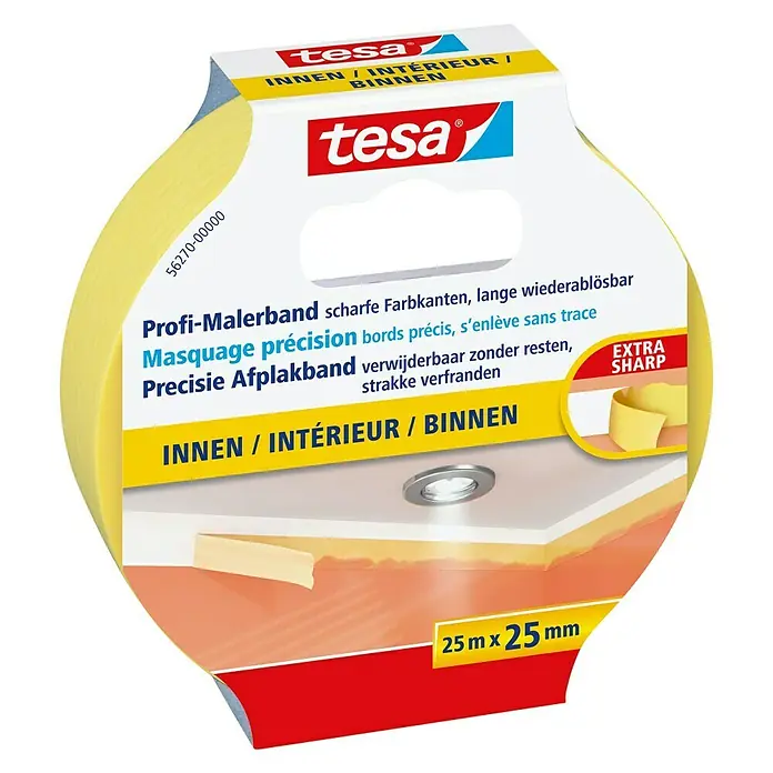 Tesa Profi-Malerband Innen - 25 m x 25 mm - Abbildung eines Tesa Profi-Malerbandes für Innenbereiche, das scharfe Farbkanten ermöglicht und sich rückstandslos ablösen lässt.